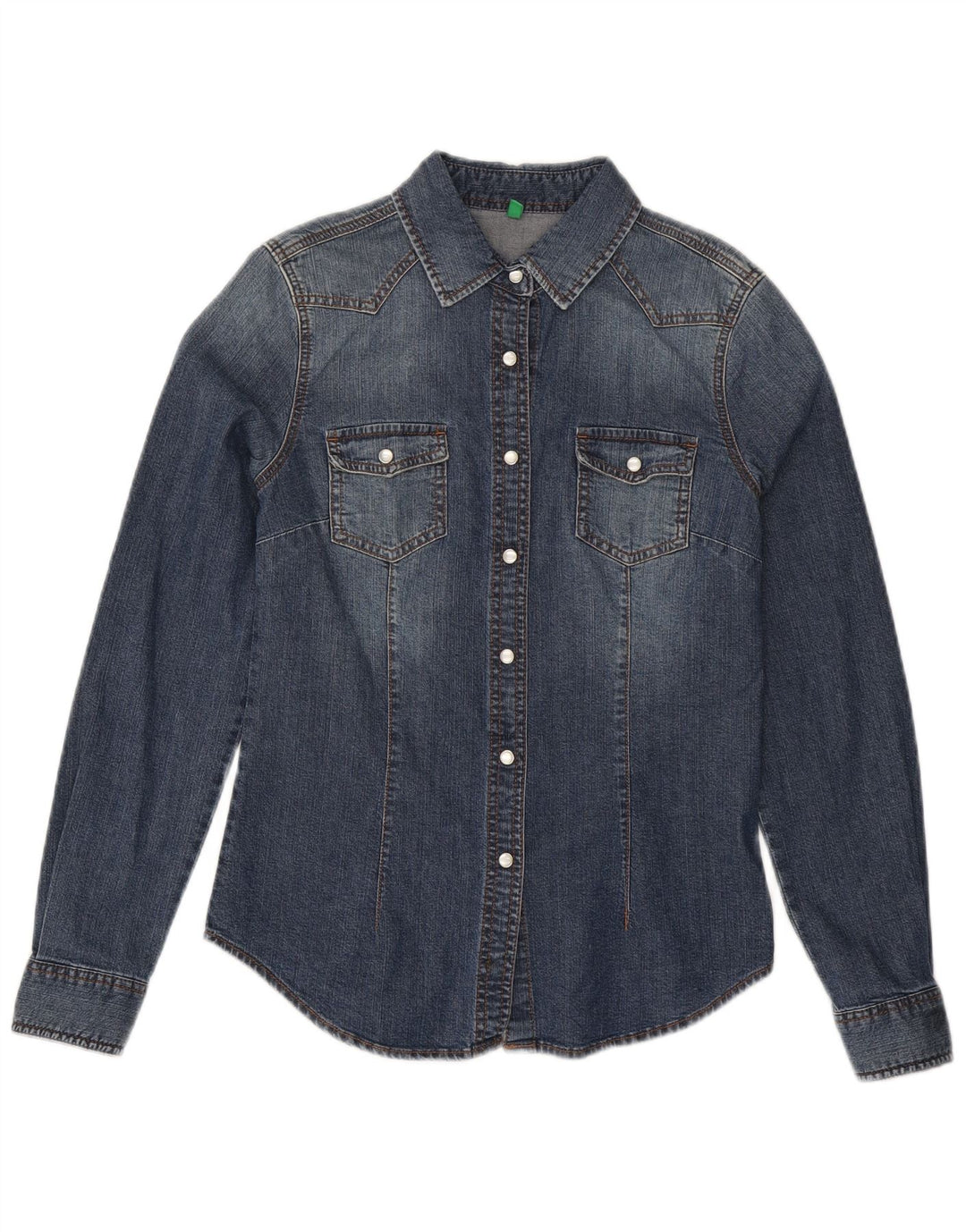 Benetton Womens Graphic Denim Shirt UK 12 Mittelblaue Baumwolle