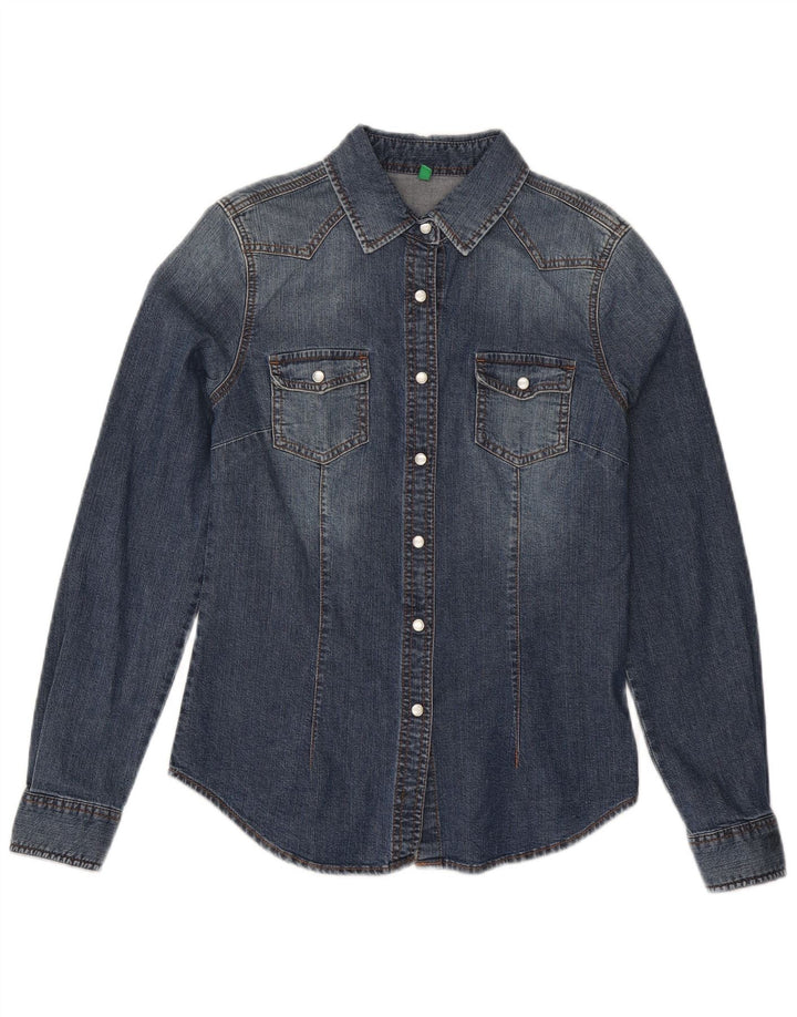 Benetton Womens Graphic Denim Shirt UK 12 Mittelblaue Baumwolle