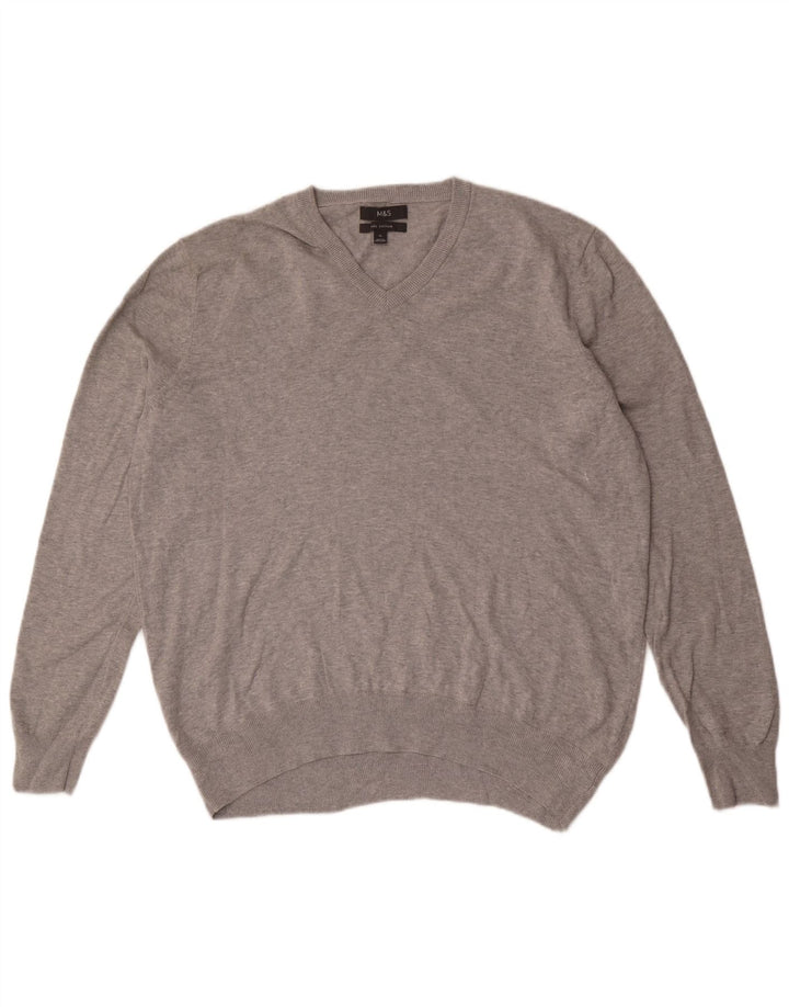 Marks & Spencer Herren-Pullover mit V-Ausschnitt, XL, graue Baumwolle
