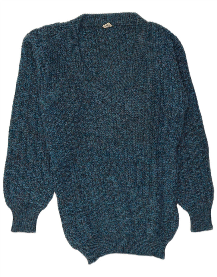 Vintage Herren-Pullover mit normaler Passform, V-Ausschnitt, mittelblau gefleckte Wolle