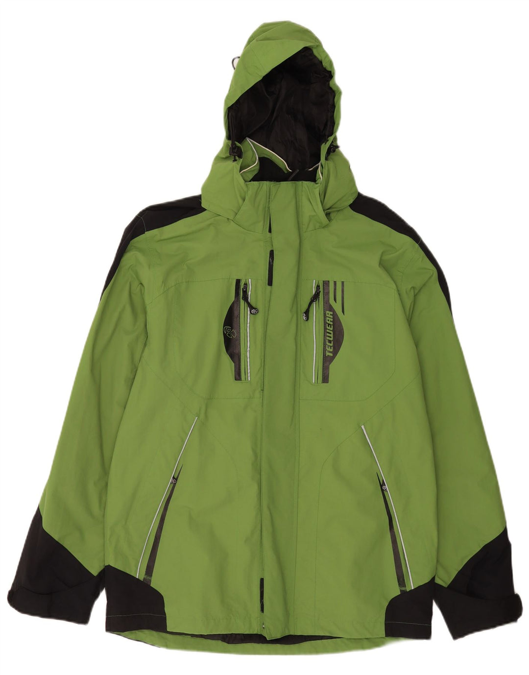 Vintage Herren-Regenjacke mit Kapuze, UK 38/40, mittelgrünes Colourblock-Polyamid