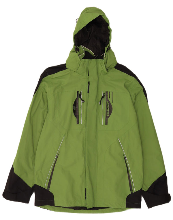 Vintage Herren-Regenjacke mit Kapuze, UK 38/40, mittelgrünes Colourblock-Polyamid