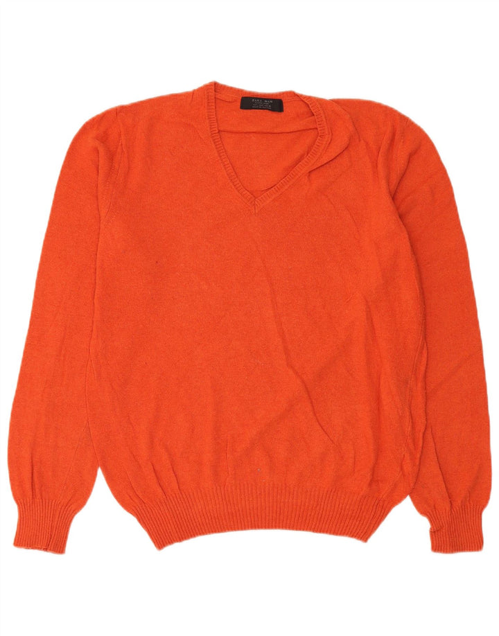 Zara Herren-Pullover mit V-Ausschnitt, groß, orange Viskose