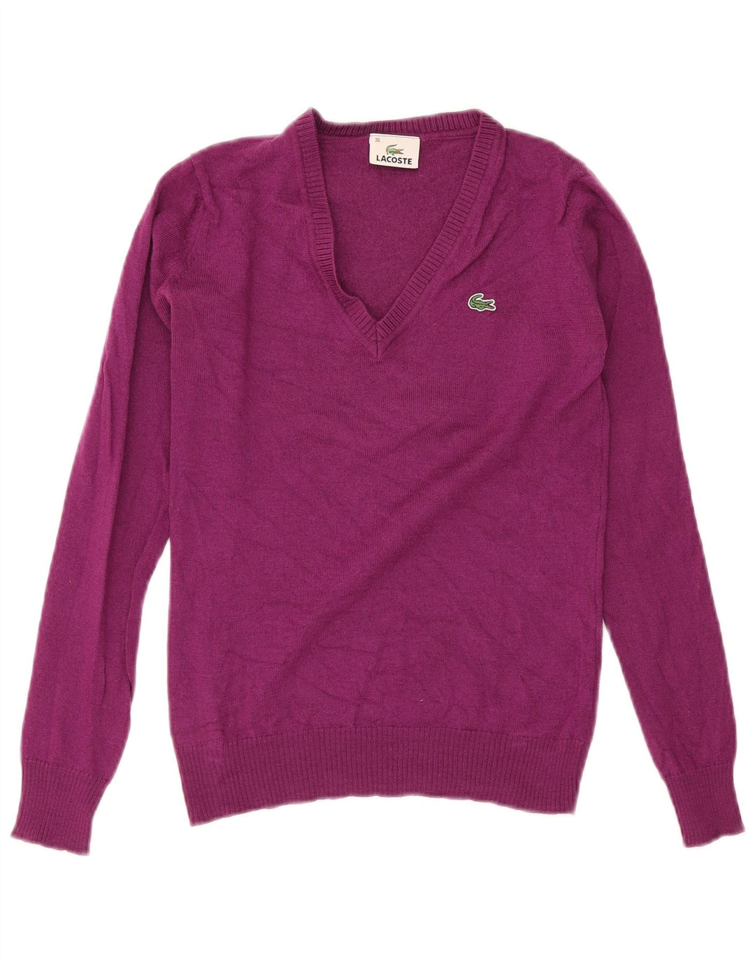 Lacoste Damen-Pullover mit V-Ausschnitt, Größe 36, kleine lila Wolle