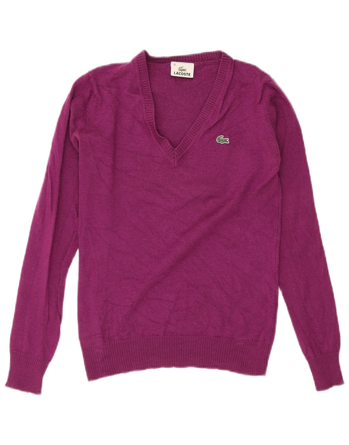Lacoste Damen-Pullover mit V-Ausschnitt, Größe 36, kleine lila Wolle