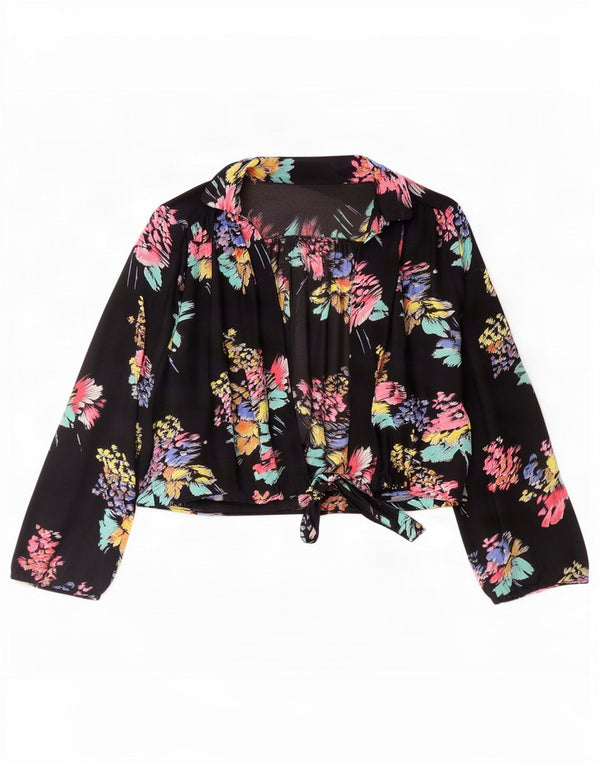 Vintage Damen Crop Shirt Bluse UK 16 Large Black Floral