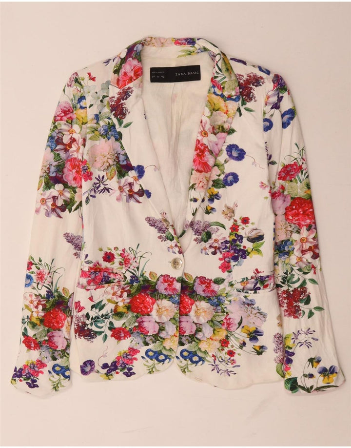 Zara Damen 1-Knopf-Blazerjacke UK 10 Kleine weiße Viskose mit Blumenmuster