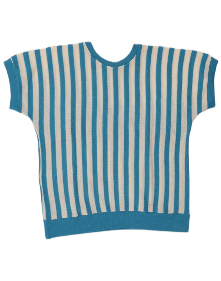 Vintage Damen Bluse Top UK 16 Großes blau gestreiftes Polyacryl