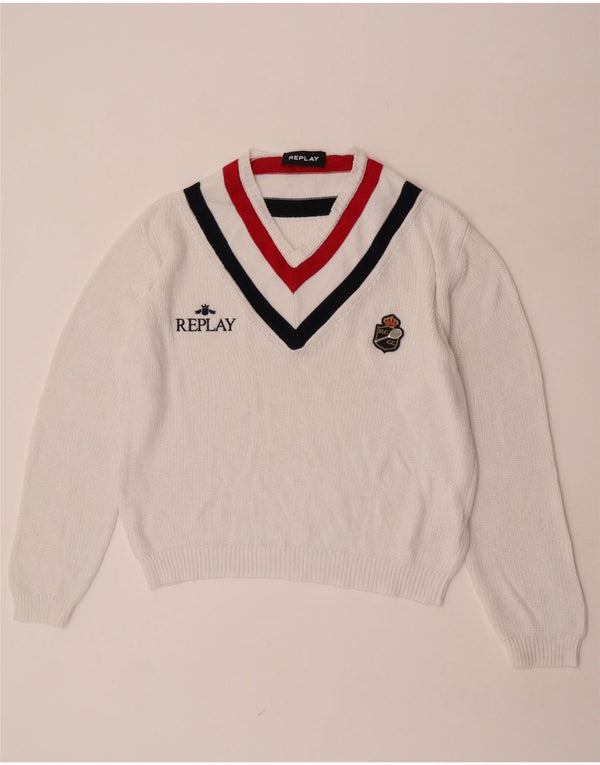 Replay Damen-Pullover mit grafischem V-Ausschnitt, UK 16, Größe L, Weiß, Farbblock