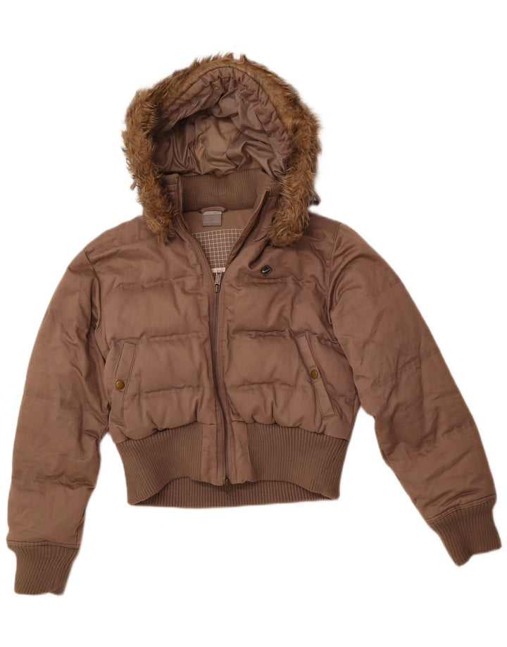 NIKE Damen Crop Hooded Wattierte Jacke UK 8/10 Small Braun Polyester