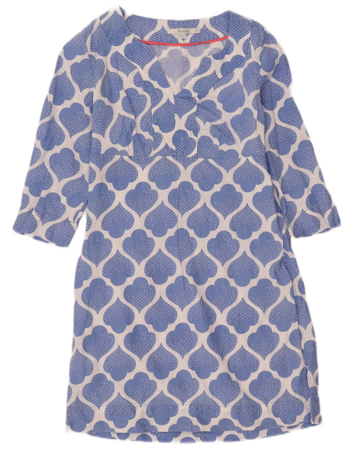 Boden Damen-Kleid mit abstraktem Muster, 3/4-Ärmel, A-Linie, Größe S, Blau, Leinen