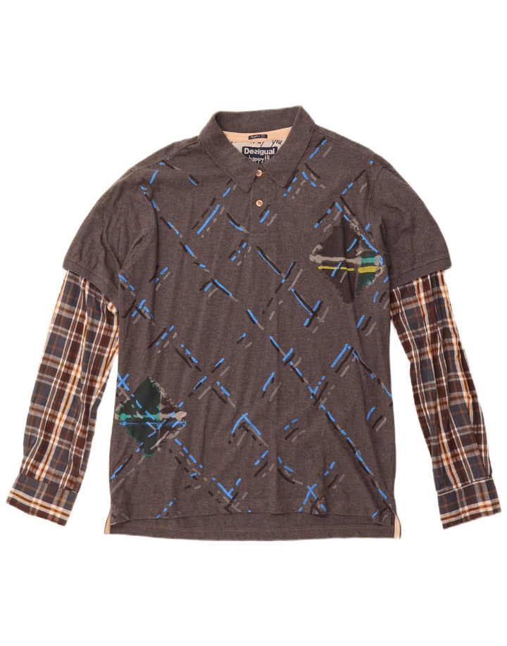 Desigual Herren-Langarm-Poloshirt in regulärer Größe, XL, grau kariert, Baumwolle