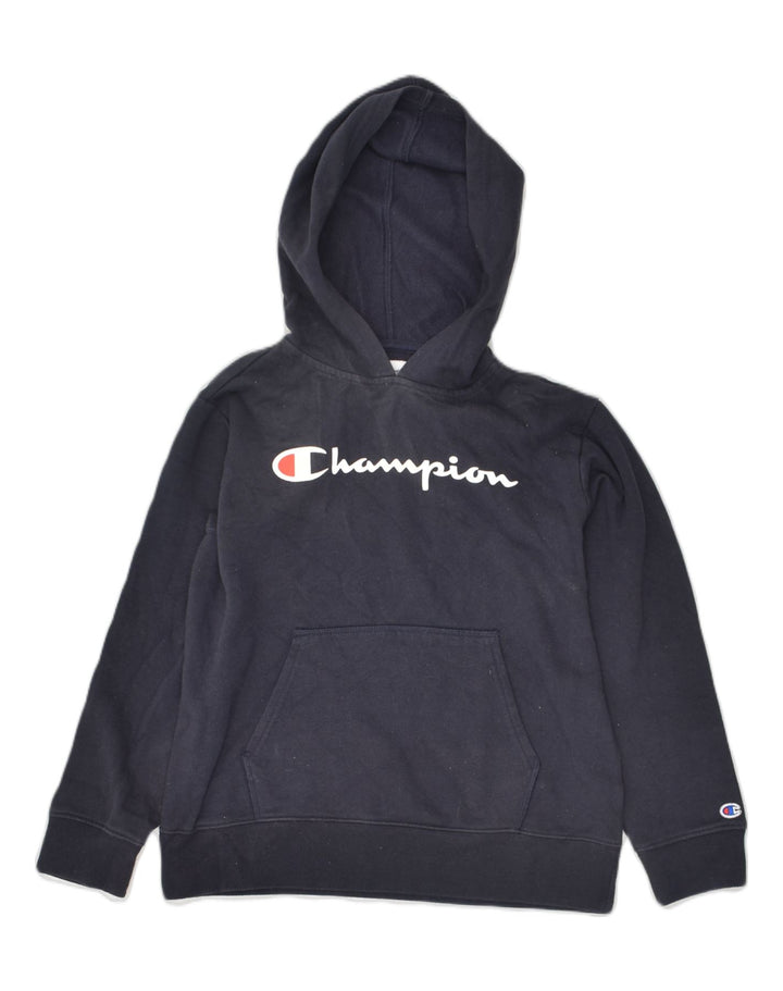 CHAMPION Boys Graphic Hoodie Jumper 12-13 Years Large Navy Blue Cotton | Vintage Champion | Thrift | Second-Hand Champion | Used Clothing | Messina Hembry 