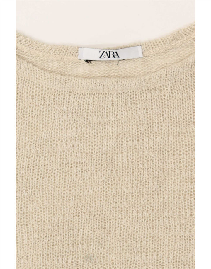 Zara Damen Crop Knit Bluse Top UK 16 Large Beige