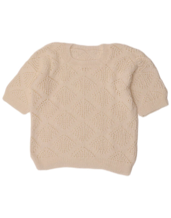 Vintage Damen Crop Rundhalspullover Pullover UK 14 Mittelweiß