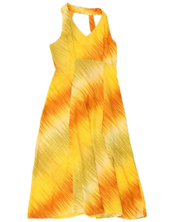Vintage Damen Maxi Neckholder Kleid UK 18 XL Gelbes Batik-Polyester