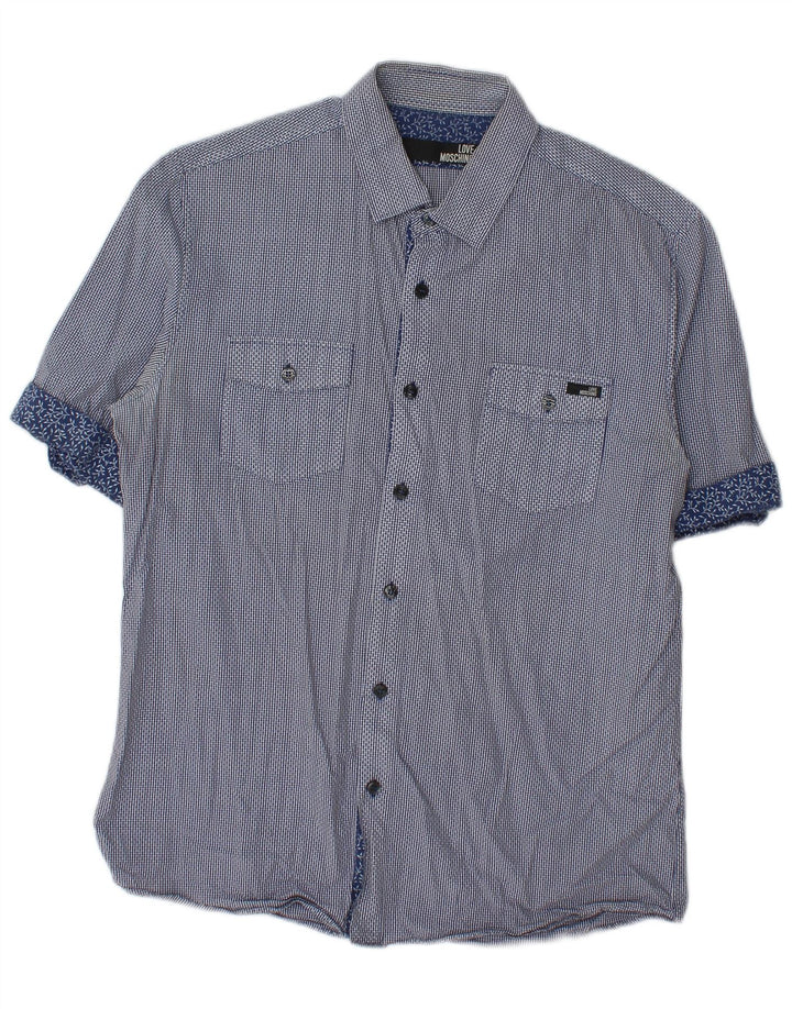 Moschino Herren-Kurzarmhemd, große blaue Gingham-Baumwolle