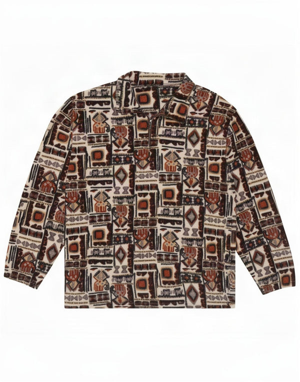 Vintage Mens Zip Neck Fleece Jumper XL Multicoloured Geometric