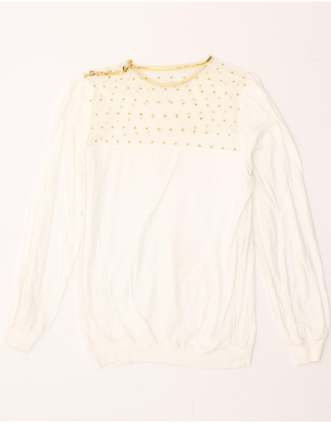 VINTAGE Womens Top Long Sleeve UK 10 Small White Spotted Vintage Vintage and Second-Hand Vintage from Messina Hembry 