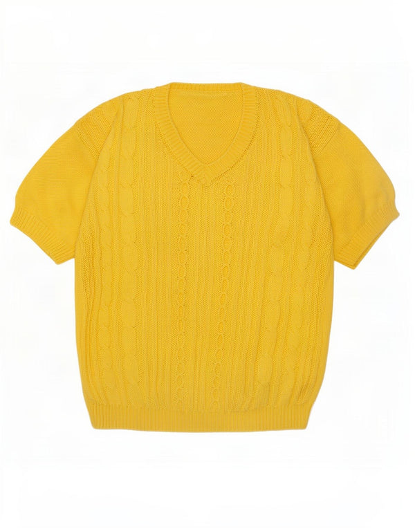 Vintage Damen Kurzärmeliger Pullover mit V-Ausschnitt UK 14 Mittelgelb