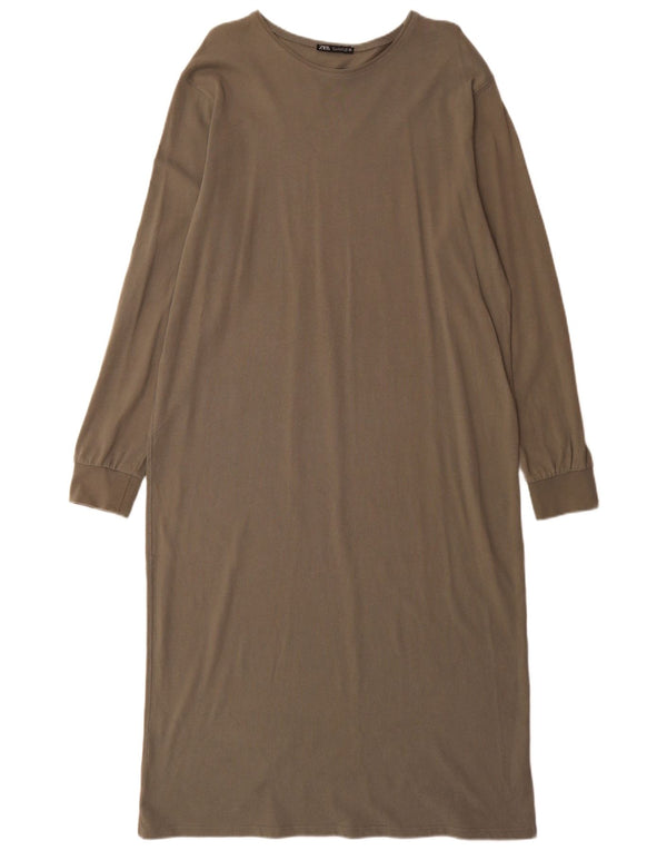 Zara Damen Langarm-Maxikleid UK 16 Large Khaki Baumwolle