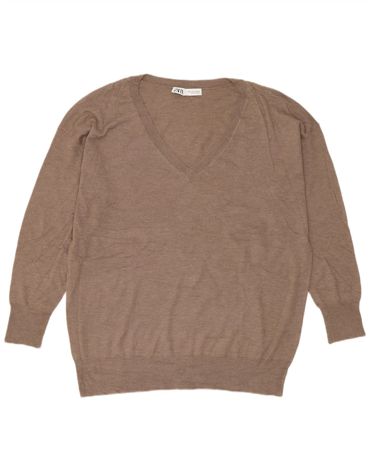 Zara Damen-Pullover, übergroß, V-Ausschnitt, Gr. 10, Größe S, Beige