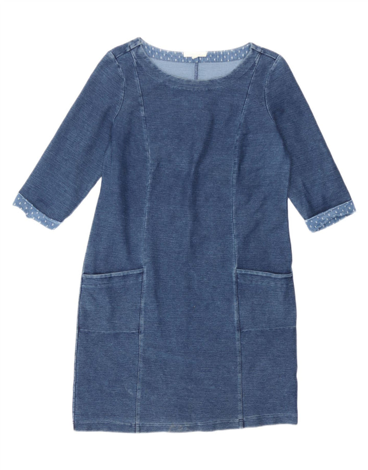 White Stuff Damen-Etuikleid mit 3/4-Ärmeln, UK-Größe 14, mittelblaue Baumwolle