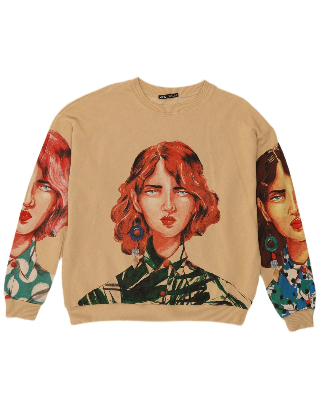 Zara Damen-Sweatshirt mit abstraktem Muster, Gr. 40, Größe L, Beige, Baumwolle