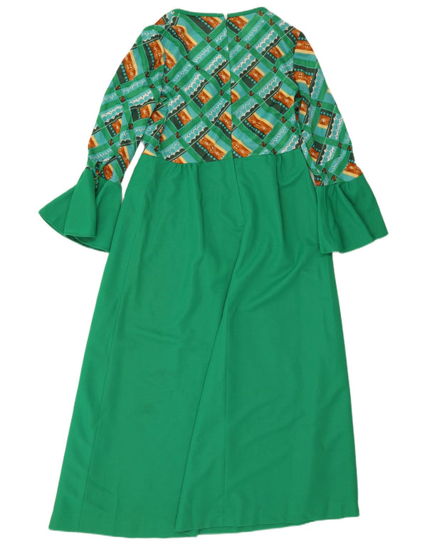 Vintage Damen Langarm Maxikleid EU 44 XL Grün Geometrisch Polyester