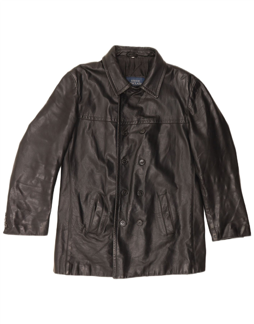 Vintage Herren Zweireihige Lederjacke IT 50 Großes schwarzes Leder