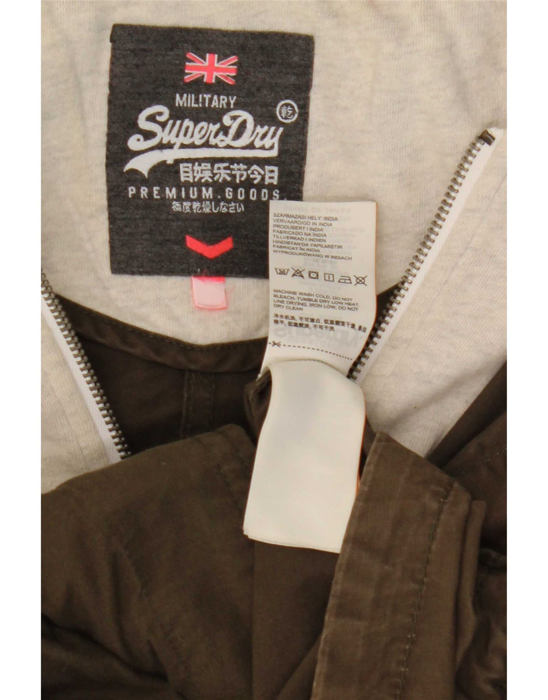 Superdry Damen-Bomberjacke mit Kapuze, UK 14, mittlere Khaki-Farbblock-Baumwolle