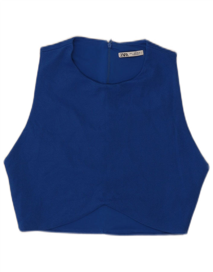 Zara Damen Crop Ärmelloses Blusenoberteil UK 14 Large Blau Polyester