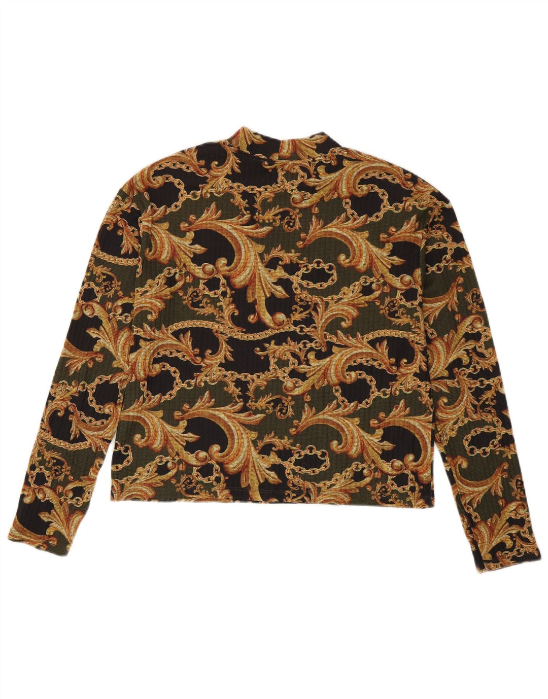 Zara Damen Crop Top Langarm UK 10 Small Schwarz Paisley Polyester