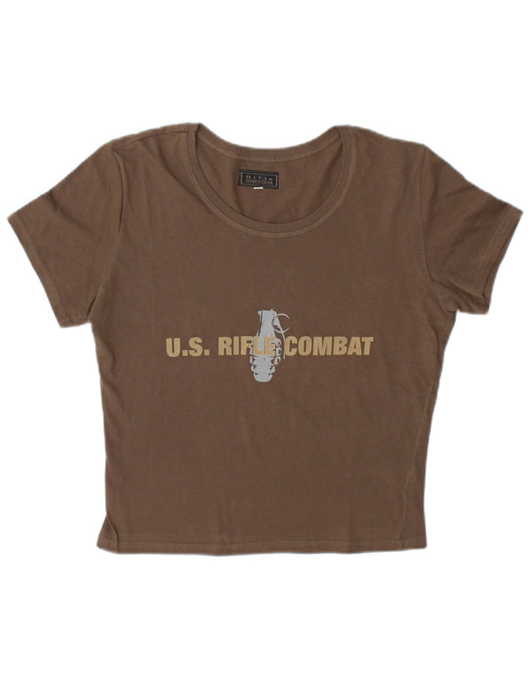 Rifle Damen Crop Graphic T-Shirt Top UK 16 Large Braun Baumwolle