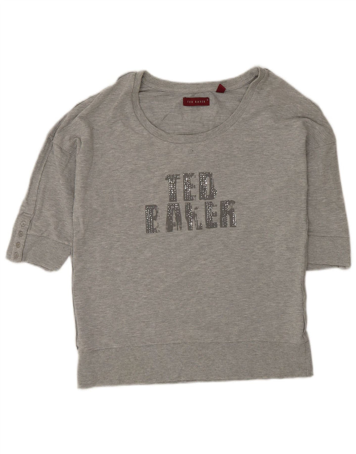 Ted Baker Damen Grafik-Sweatshirt mit kurzen Ärmeln, Größe 3, Mittelgrau