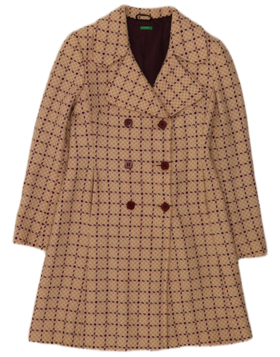 Benetton Damen Zweireihiger Mantel IT 42 Mittelbeige karierte Wolle