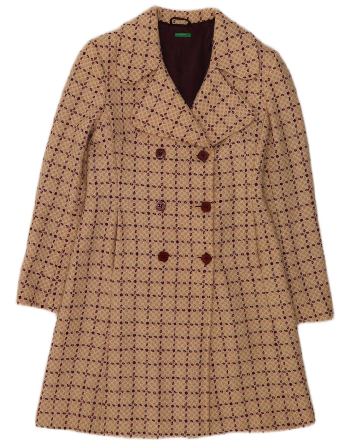 Benetton Damen Zweireihiger Mantel IT 42 Mittelbeige karierte Wolle