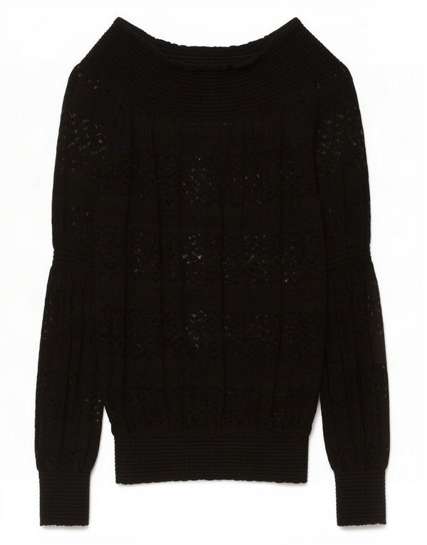 Zara Damen Häkelpullover mit U-Boot-Ausschnitt, Gr. 10, Größe S, Schwarz