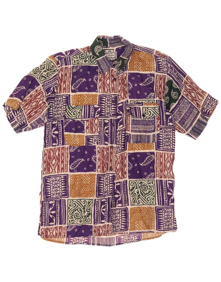 Vintage Damen Kurzarmshirt UK 14 Große bunte Patchwork-Seide