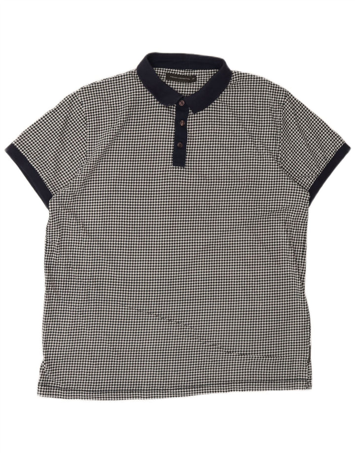 French Connection Herren-Poloshirt 2XL, schwarze Baumwolle mit Hahnentrittmuster