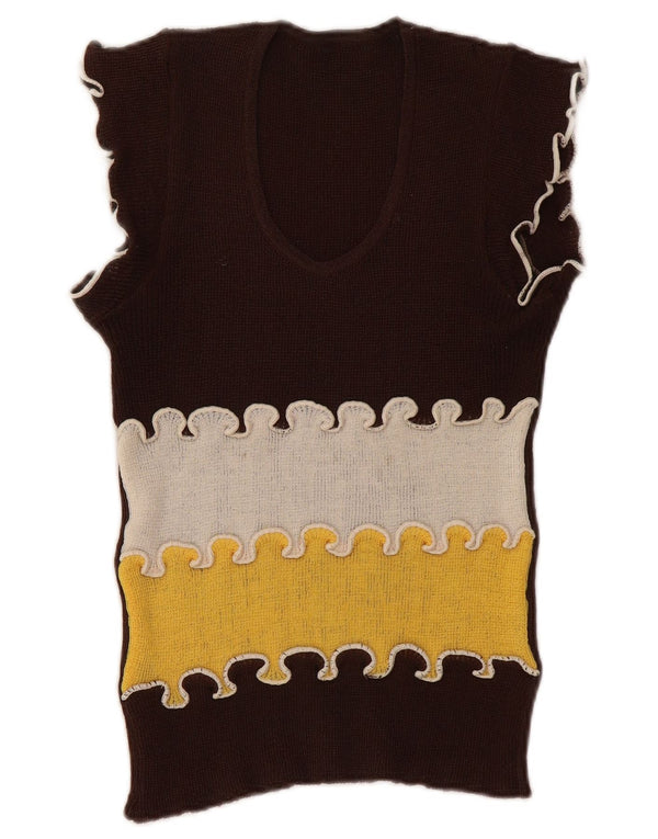 Vintage Damen Weste Tank Top UK 8 Small Braun Colourblock