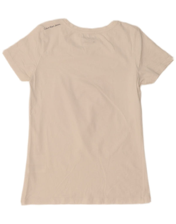 Calvin Klein Jeans Damen Grafik-T-Shirt-Oberteil UK 12 Mittelweiße Baumwolle