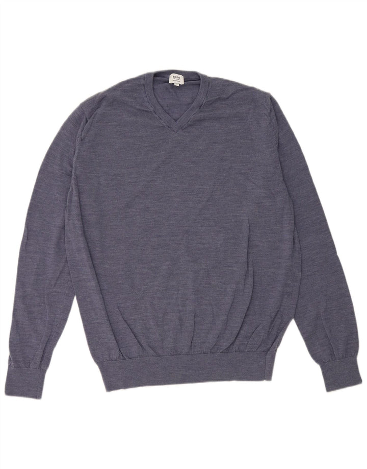 Celio Herren-Pullover mit V-Ausschnitt, XL, blau meliert, Merinowolle