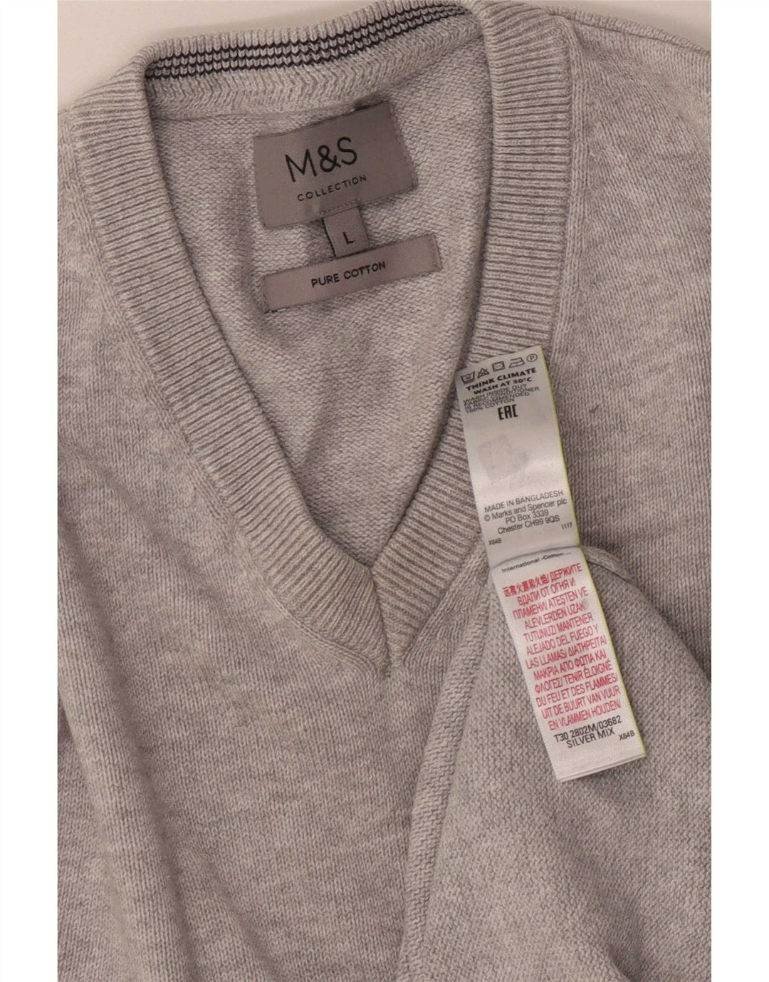 Marks & Spencer Herren-Pullover mit V-Ausschnitt, groß, grau gefleckte Baumwolle
