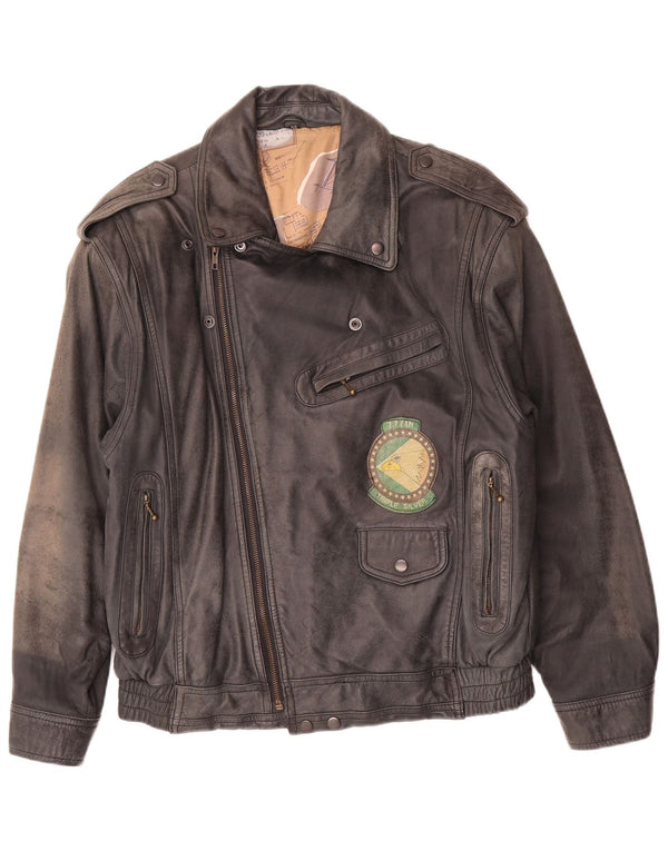 Vintage Herren Militär-Grafik-Lederjacke IT 50 Large Schwarz