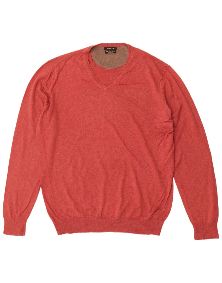 Massimo Dutti Herren-Pullover mit V-Ausschnitt, XL, rote Baumwolle