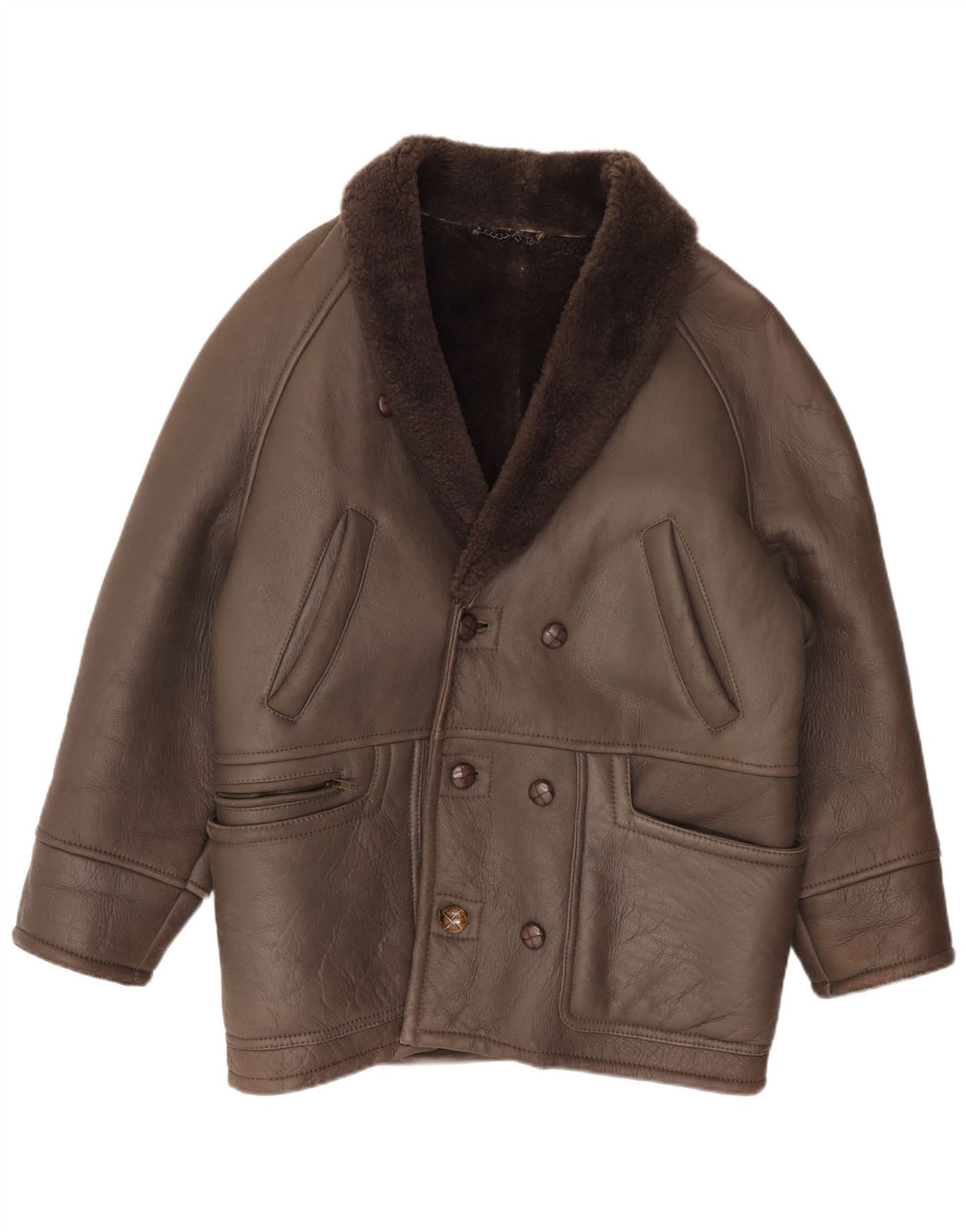 Vintage Herren zweireihige Lammfelljacke IT 50 großes braunes Leder