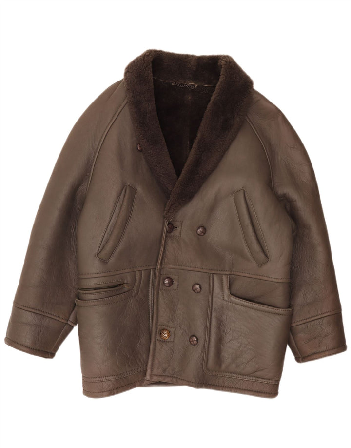 Vintage Herren zweireihige Lammfelljacke IT 50 großes braunes Leder