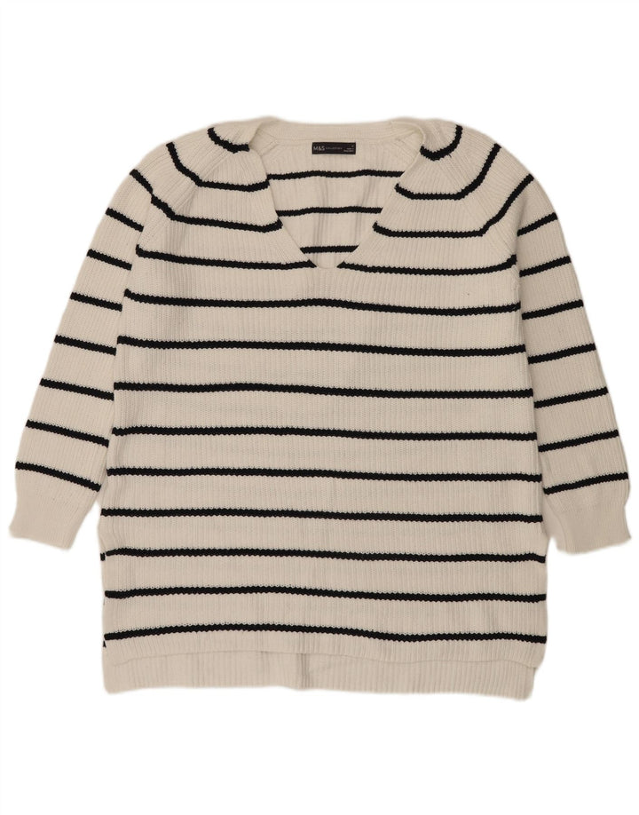 Marks & Spencer Damen-Pullover mit V-Ausschnitt, Gr. 14, mittelweiß gestreift