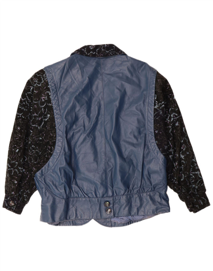 Vintage Damen Lederjacke UK 14 Groß Blau Floral Retro